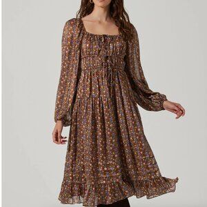 ASTR Floral Brown Ruched Bust Long Sleeve Cottagecore Farmhouse Midi Dress